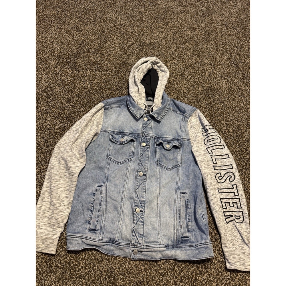 Hollister Advanced Stretch Denim Jacket Men XL Gray Fleece Hood Sleeve